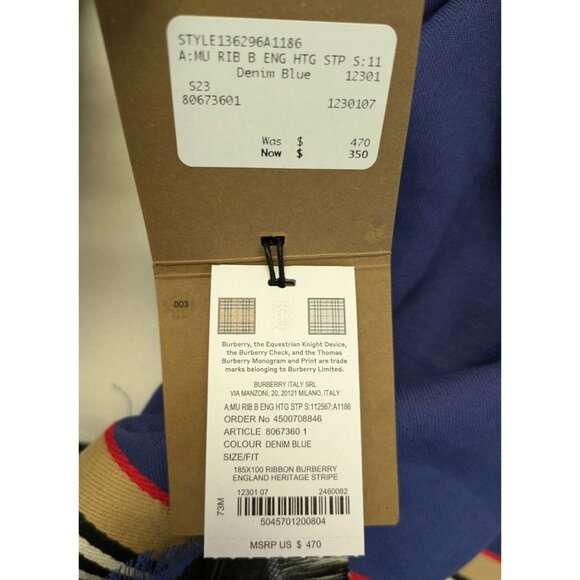 Burberry Ribbon England Heritage Icon Stripe Cotton Scarf in Denim Blue 185*100c - Picture 7 of 7
